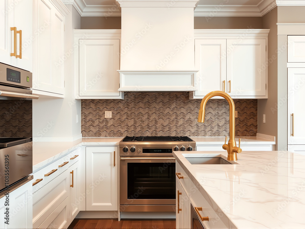 Modern white kitchen with gold fixtures and herringbone backsplash featuring a spacious layout and elegant design Modern white kitchen with gold fixtures and herringbone backsplash featuring a spacious layout and elegant design