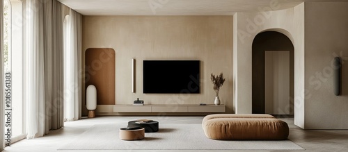 Smart TV mounted on a wall in a minimalist living room, muted colors
