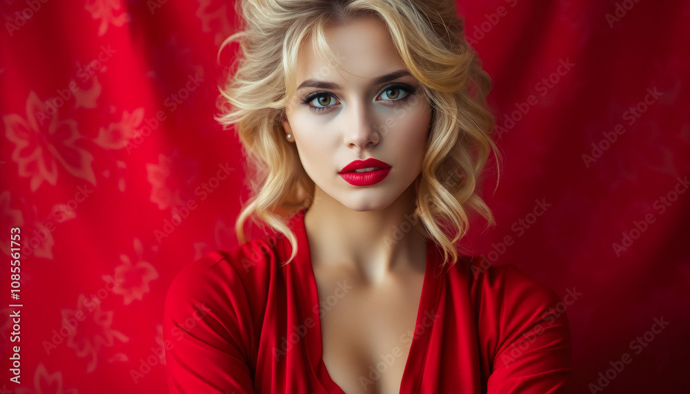 Portrait Attractive young woman in red dress. Outfit for New Year's party. Portrait Attractive young woman in red dress. Outfit for New Year's party.
