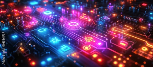 Colorful circuit board with glowing elements.