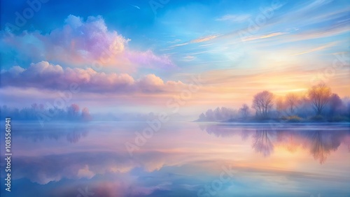Serene Reflection of a Foggy Dawn Landscape with Trees Silhouetted Against a Pastel Sky