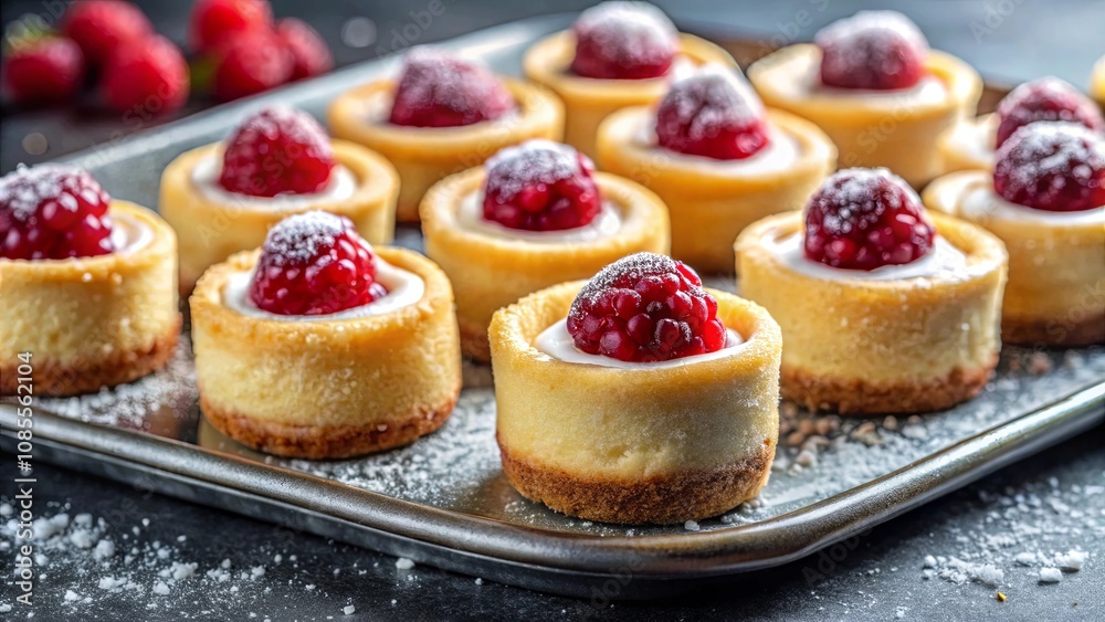 A close-up of a tray of mini cheesecakes topped with fresh raspberries and dusted with powdered sugar. A close-up of a tray of mini cheesecakes topped with fresh raspberries and dusted with powdered sugar.