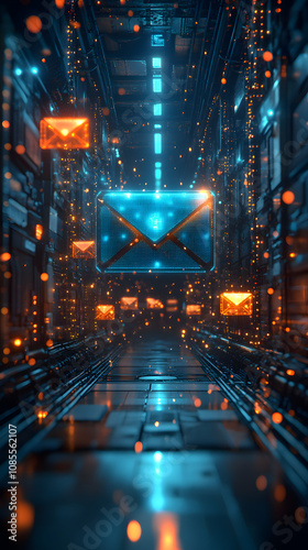 A futuristic and dynamic animation of an AI-based email system generating responses and managing communication.
