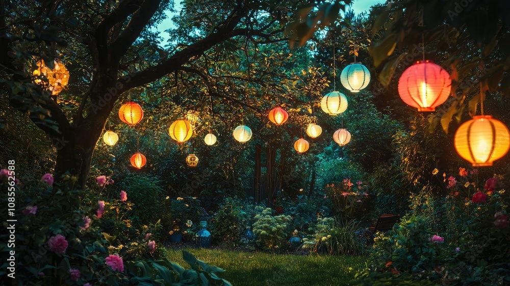 Fototapeta premium Colorful Lanterns in a Summer Garden Setting