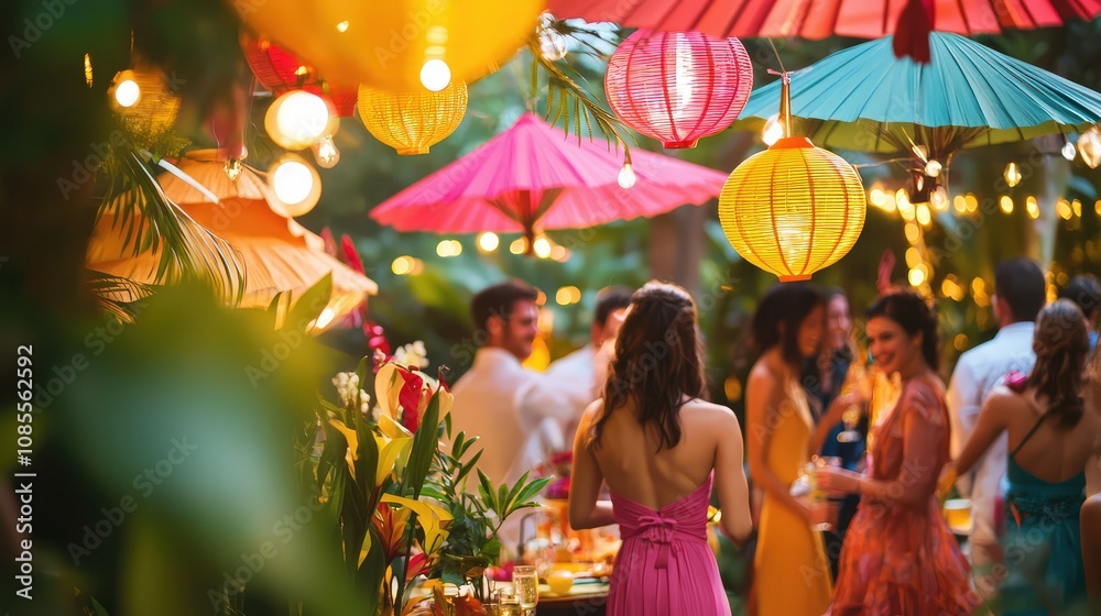 Naklejka premium Vibrant Summer Garden Party with Colorful Decorations
