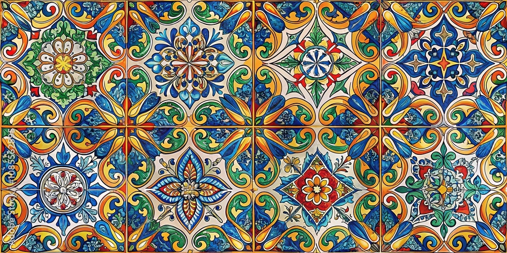 Intricate Ceramic Tile Mosaic with Floral and Geometric Patterns in Vibrant Colors Intricate Ceramic Tile Mosaic with Floral and Geometric Patterns in Vibrant Colors