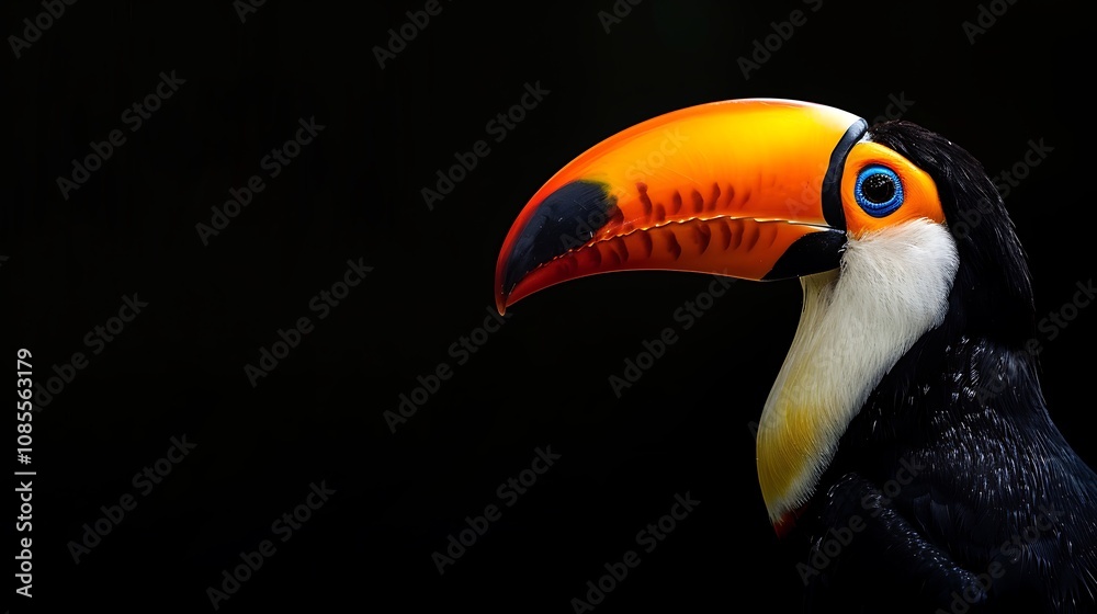 Naklejka premium A close-up of a colorful toucan against a dark background.