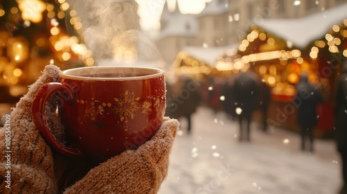 Wallpaper Mural A person enjoying steaming mulled wine at a festive christmas market in a snowy city Torontodigital.ca