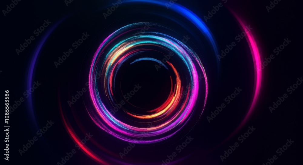 Bright Neon Swirling Circles of Glitter Particles Floating in Circular Pattern, Glowing Abstract Background Bright Neon Swirling Circles of Glitter Particles Floating in Circular Pattern, Glowing Abstract Background