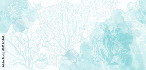 Luxury invitation card background on a marine theme with underwater plants, corals, starfish and with watercolor splashes.  Abstract art background, cover template. Vector design with space for text. photo
