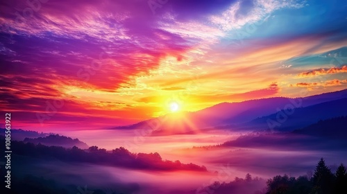 Misty Valley Sunrise with Vibrant Colors