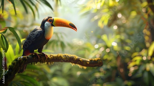 A vibrant toucan perched on a branch in a lush, green rainforest.