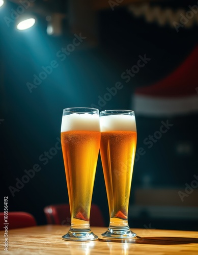 Two full glasses of light beer rest on a dark wood surface photo