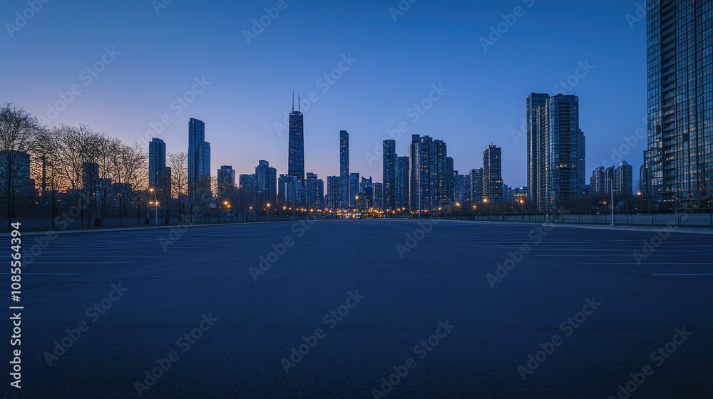 Fototapeta premium Large, empty parking lot leading to a modern city skyline with skyscrapers, captured at dusk with warm lighting.
