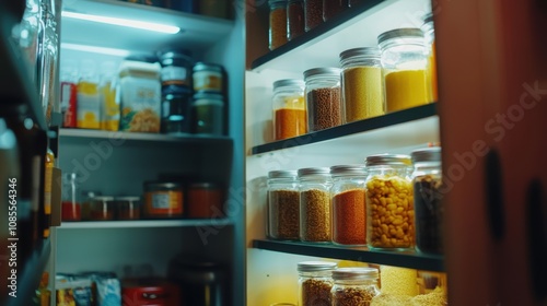 Well-Organized Pantry with Glass Jars Filled with Colorful Grains, Spices, and Dry Ingredients, Showcasing an Aesthetic and Functional Culinary Storage Solution