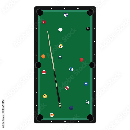 Billiard table, pool stick and billiard balls for game