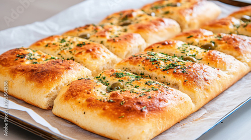 Baking Homemade, Freshly baked focaccia bread topped with olives and herbs, golden brown and fluffy, perfect for sharing or enjoying as snack