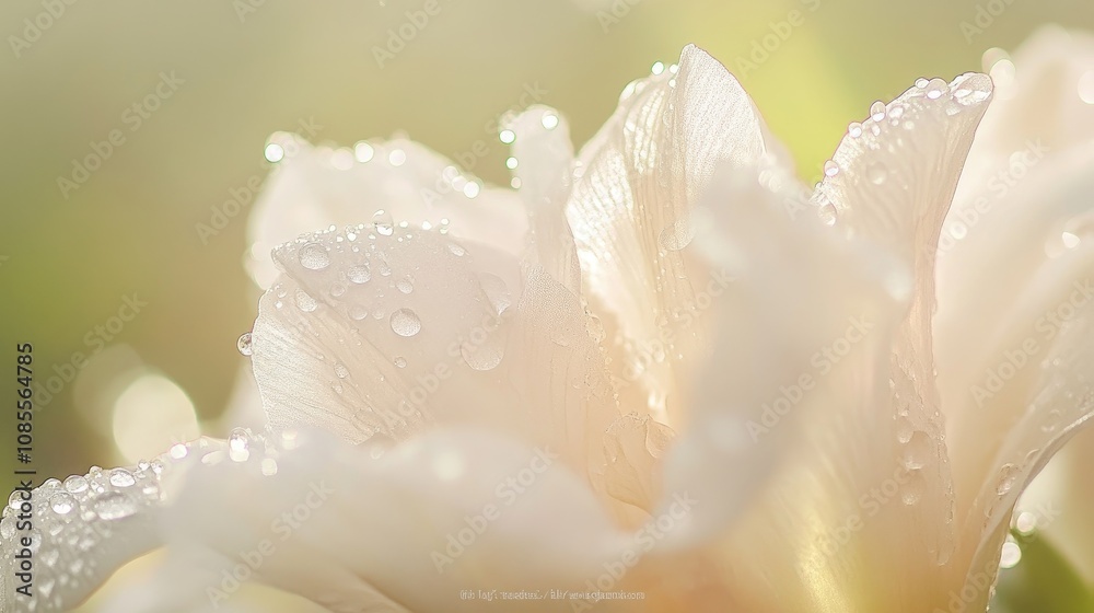 Soft Focus Close-Up of a Delicate White Flower Petal with Water Droplets, Capturing the Beauty of Nature and the Tranquil Essence of a Spring Morning Soft Focus Close-Up of a Delicate White Flower Petal with Water Droplets, Capturing the Beauty of Nature and the Tranquil Essence of a Spring Morning