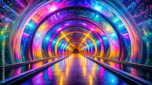 A futuristic tunnel adorned with vibrant, swirling colors and sparkling lights, creating an immersive and captivating visual experience