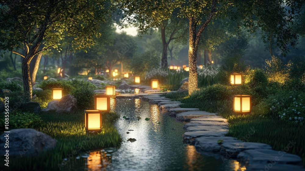 Serene Evening in a Tranquil Park with Lanterns Serene Evening in a Tranquil Park with Lanterns