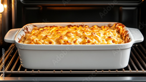 Baking Homemade, Homemade baked mac and cheese with golden crust in oven. This comforting dish is perfect for family gatherings and brings warmth to any meal
