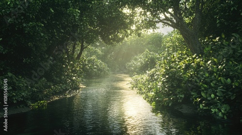 Serene Forest Landscape with Lush Green Foliage and a Tranquil River Flowing Through a Sunlit Tropical Environment