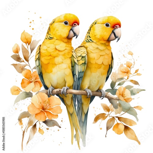 Watercolor illustration portrait of a tropical exotic golden parakeet bird parrot on isolated white background.
 photo