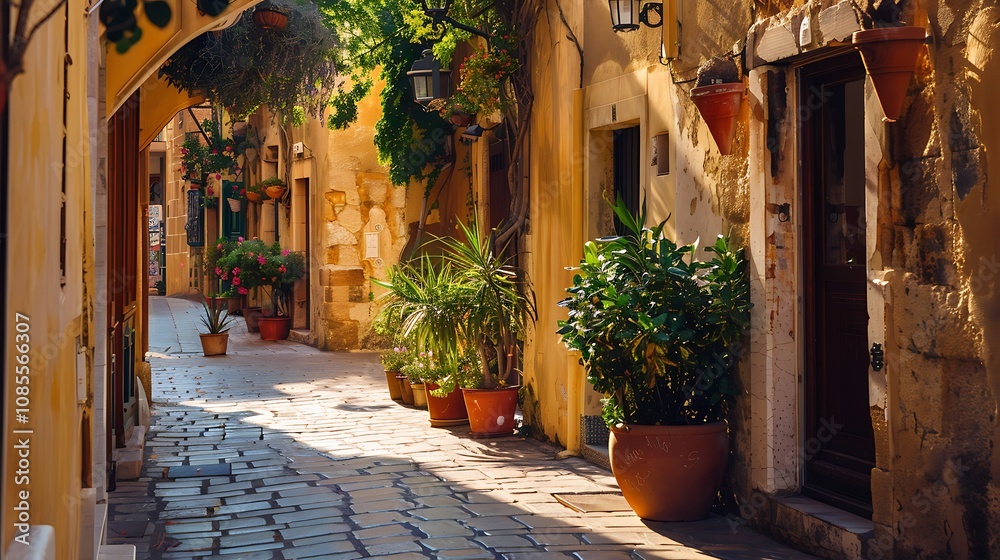 Obraz premium A charming narrow street lined with potted plants and warm-colored buildings.