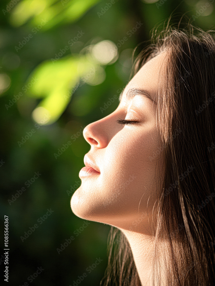 Basking in nature's light young woman outdoor setting portrait photography serene environment side profile tranquility and self-reflection Basking in nature's light young woman outdoor setting portrait photography serene environment side profile tranquility and self-reflection