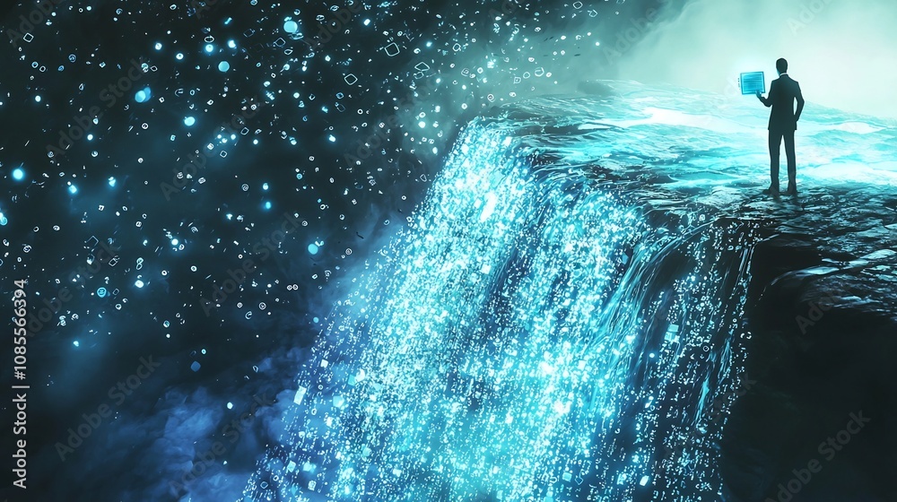 Fototapeta premium Business Owner Manages Digital Currency Waterfall with Holographic Controls