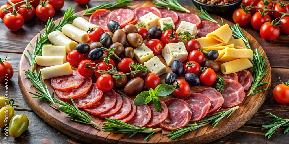 A Rustic Wooden Board Overflowing with Sliced Salami, Cheese Cubes, Green Olives, and Vibrant Red Cherry Tomatoes, Garlanded with Fresh Rosemary Sprigs A Rustic Wooden Board Overflowing with Sliced Salami, Cheese Cubes, Green Olives, and Vibrant Red Cherry Tomatoes, Garlanded with Fresh Rosemary Sprigs