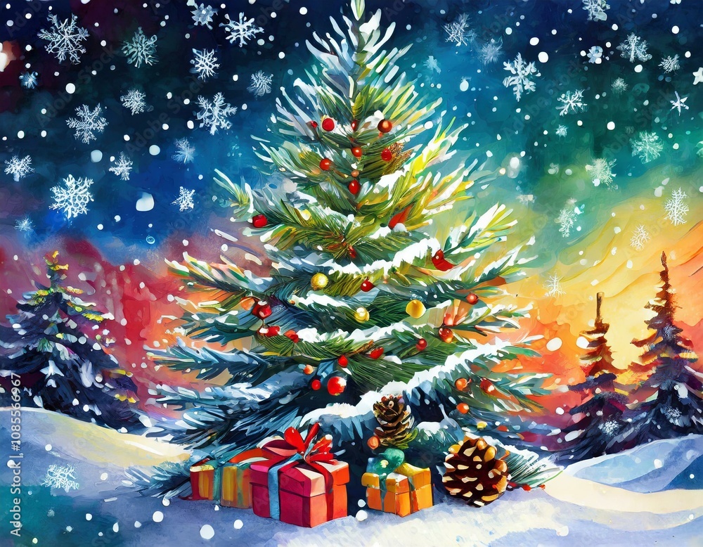 Decorated Christmas tree illustration
