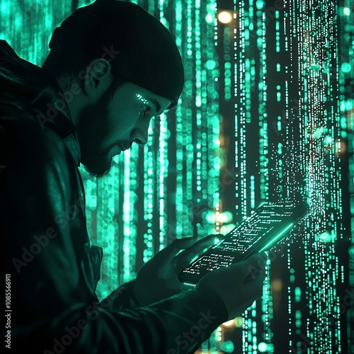 A Hacker Infiltrating a Corporate Building Wirelessly Hacking the Mainframe with Glowing Code Flowing photo