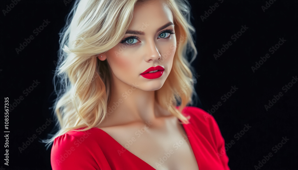 Portrait Attractive young woman in red dress. Outfit for New Year's party. Portrait Attractive young woman in red dress. Outfit for New Year's party.
