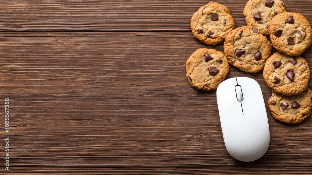 white computer mouse rests beside delicious chocolate chip cookies on wooden table, creating cozy and inviting workspace white computer mouse rests beside delicious chocolate chip cookies on wooden table, creating cozy and inviting workspace