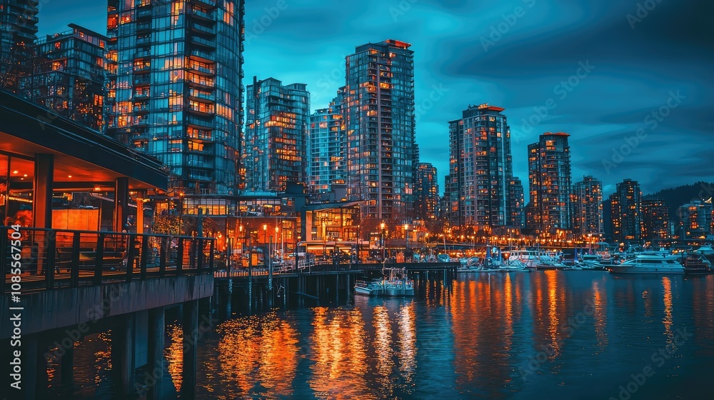 Fototapeta premium Twilight Cityscape with Lights and Water Reflection