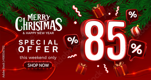 Merry Christmas, 85 percent Off discount. Sale banner and poster. Vector illustration.