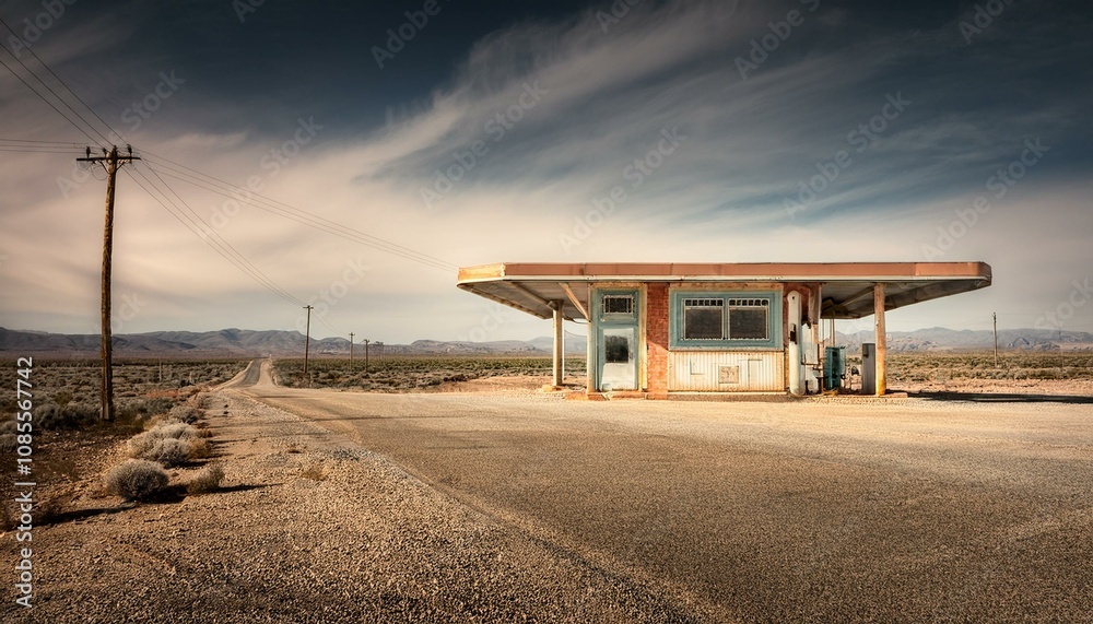 Abandoned old gas station on desert highway Abandoned old gas station on desert highway