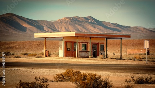 Abandoned old gas station on desert highway