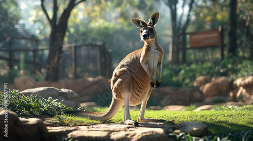 Highly detailed image of a kangaroo standing in a zoo environment. photo