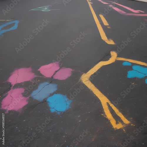 signs made of paint on the asphalt, paint stains on black asphalt