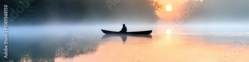 A figure floating above a serene lake, reflecting the glowing full moon and stars, with a peaceful atmosphere. Ethereal, dark, soothing tones. photo