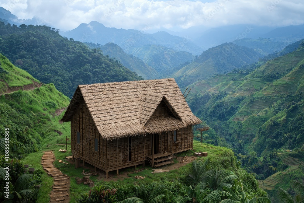 An intricate wood-framed house under construction, surrounded by holographic measurements and tools, set against a misty mountain background. Mixed media, soft colors. An intricate wood-framed house under construction, surrounded by holographic measurements and tools, set against a misty mountain background. Mixed media, soft colors.