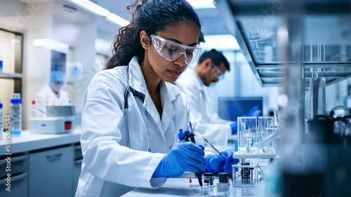 African chemist America woman in lab coat working with group of scientists