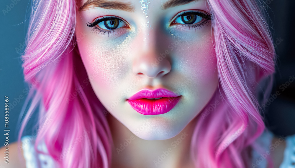 Fototapeta premium Spectacular beauty Portrait of an attractive young woman with beautiful curly pink hair and glitter on her skin. Close-up portrait of a woman.