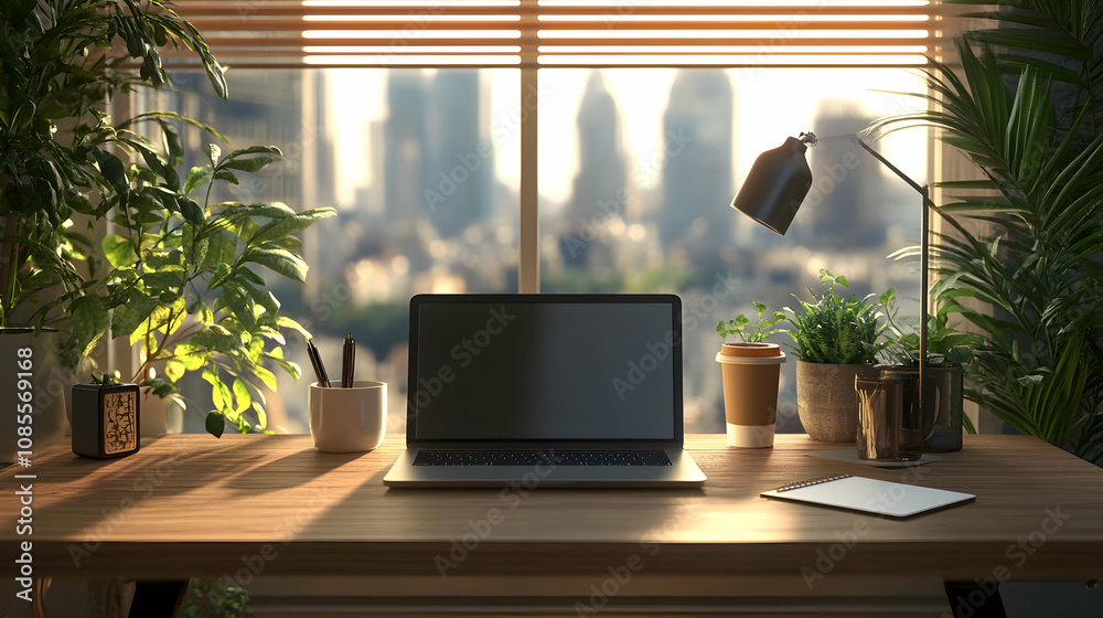 Fototapeta premium Home office setup urban environment digital workspace contemporary design bright atmosphere productivity focus