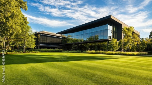 Lush green lawn with a sleek, reflective office building in the background. Trees and landscaping add a natural touch.