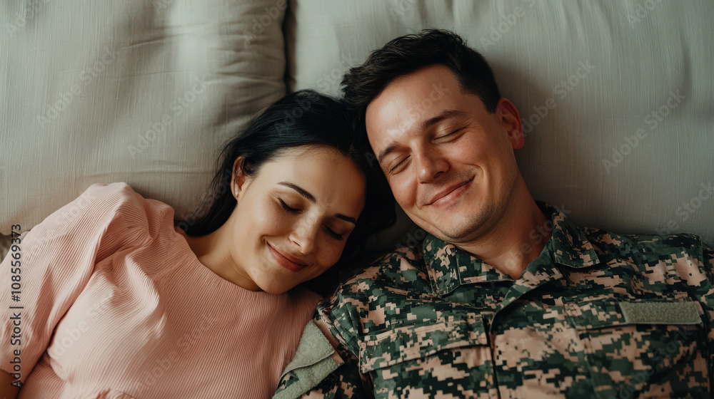 happy couple enjoying peaceful moment together, showcasing love and connection. soldier in uniform and his partner share joyful expression while resting happy couple enjoying peaceful moment together, showcasing love and connection. soldier in uniform and his partner share joyful expression while resting