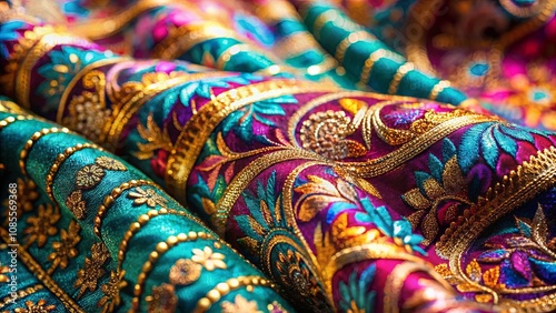 Intricate Embroidered Fabric with Metallic Threads and Floral Motifs in Vibrant Hues of Teal, Gold, and Purple