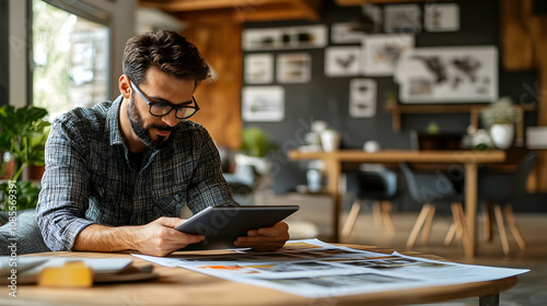 Digital interaction of a man using tablet at home office lifestyle content cozy environment modern viewpoint technology concept